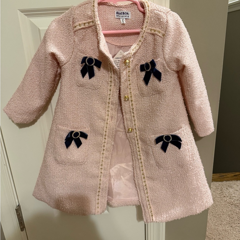 Blueberi Boulevard Pink Coat with Navy Bows